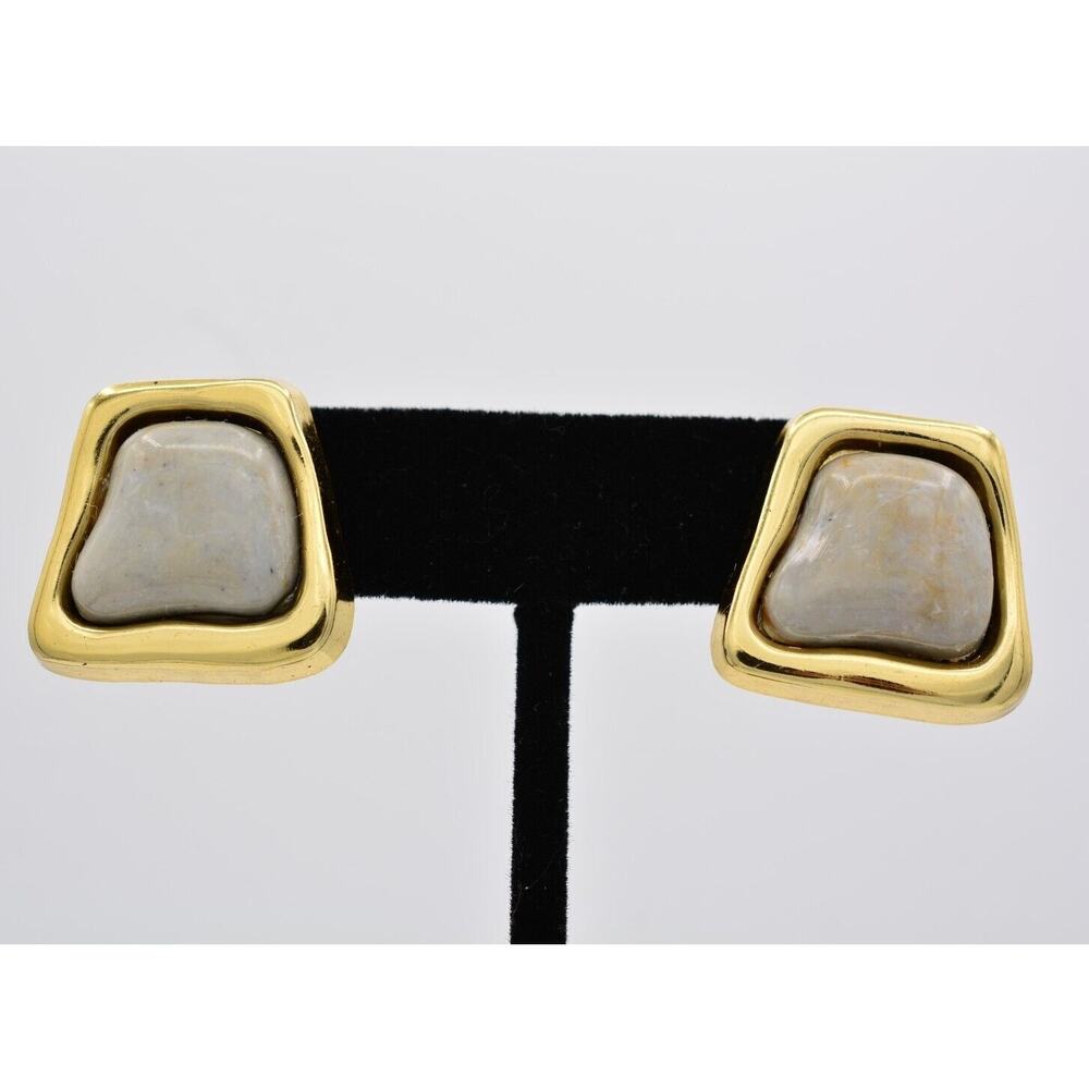 Vintage Lucite Earrings Plastic Stone Marble Gray Taupe Gold Tone 1980s BinH